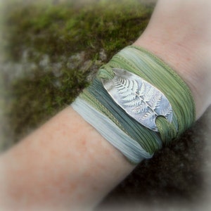 Silver Fern Bracelet, Silk Ribbon Wrap Bracelet, Woodland, Forest, Botanical, Real Leaf, Artisan Handcrafted, Recycled Silver