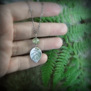 Real Leaf Necklace – Fine Silver, Prehnite, Artisan Botanical Woodland Jewelry