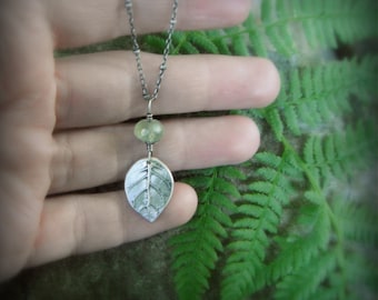Real Leaf Necklace – Fine Silver, Prehnite, Artisan Botanical Woodland Jewelry