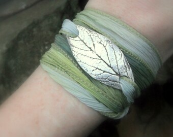 Woodland Leaf Bracelet, Wrap Bracelet Made From a Real Leaf, Silk Ribbon Wrap, Artisan Handcrafted Recycled Silver Botanical Jewelry