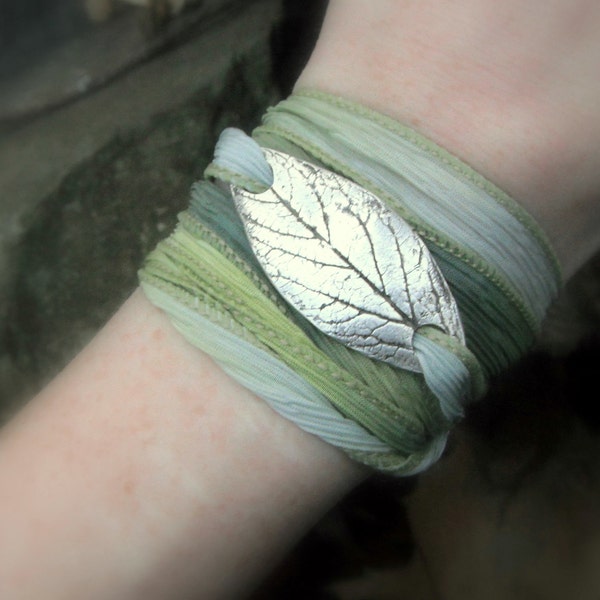 Woodland Leaf Bracelet, Wrap Bracelet Made From a Real Leaf, Silk Ribbon Wrap, Artisan Handcrafted Recycled Silver Botanical Jewelry
