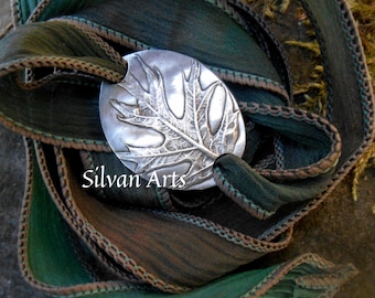 Woodland Oak Leaf Bracelet, Wrap Bracelet, Botanical Jewelry, Real Leaf, Silk Ribbon, Silvan Leaf, Artisan Handcrafted, Recycled Silver