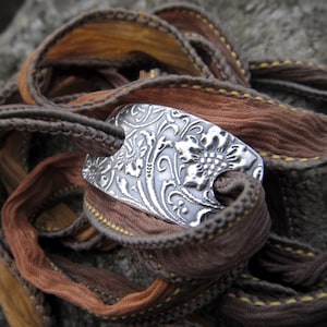 Silk Ribbon Bracelet- Antique Flower- Silver & Silk Wrap Bracelet- Artisan Handcrafted with Recycled Silver and Hand Dyed Silk