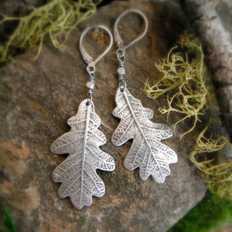 Oak Leaf Earrings, Woodland Leaf Earrings, Real Leaf Earrings, Silvan Leaves, Artisan Fine Silver, Botanicial Leaf Jewelry image 1