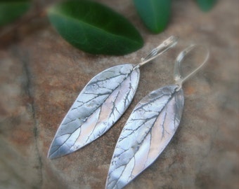 Long Leaf Earrings - Made with Real Leaves - Larger Size - Botanical Jewelry - Silvan Leaves - Handcrafted with Recycled Fine Silver