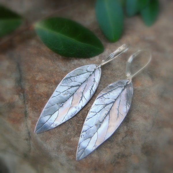 Long Leaf Earrings - Made with Real Leaves - Larger Size - Botanical Jewelry - Silvan Leaves - Handcrafted with Recycled Fine Silver