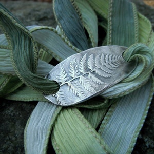 Silver Fern Leaf Bracelet, Silk Ribbon Wrap, Recycled Fine Silver