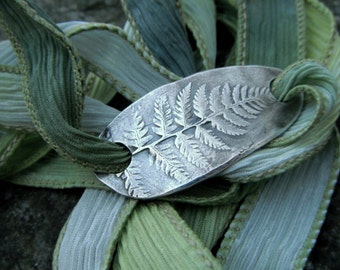 Silver Fern Bracelet, Silk Ribbon Wrap Bracelet, Woodland, Forest, Botanical, Real Leaf, Artisan Handcrafted, Recycled Silver