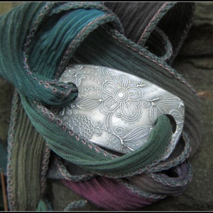 Wrap Bracelet- Floral- Silver & Silk Wrap Bracelet- Silk Ribbon- Artisan Handcrafted with Recycled Silver and Hand Dyed Silk