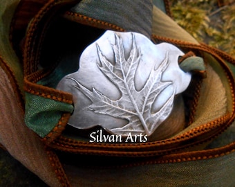 Oak Bracelet, Wrap Bracelet, Woodland Oak Leaf, Botanical Jewelry, Silk Ribbon, Artisan Crafted, Recycled Sterling Silver
