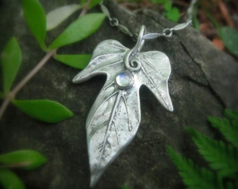 Elven Leaf Necklace With Moonstone - Made With a Real Leaf - Silvan Leaf - Artisan Handcrafted with Recycled Fine Silver - Silvan Arts