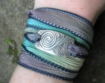 Silk Ribbon Wrap Bracelet - Celtic Spirals - Artisan Handcrafted with Recycled Silver and Hand Dyed Silk