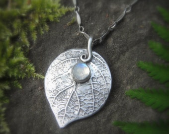 Woodland Leaf Necklace With Moonstone - Made With a Real Leaf -  Silvan Leaf - Artisan Handcrafted with Recycled Silver - Forest - Elven