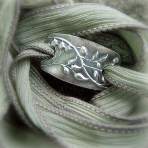 Budding Vine Yoga Jewelry, Silver & Silk Wrap Bracelet Artisan Crafted Recycled Fine Silver image 1