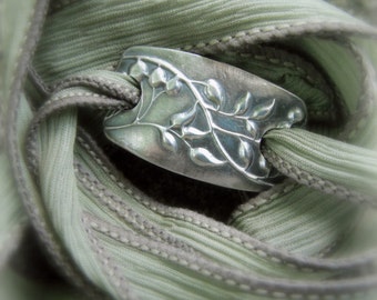 Budding Vine- Yoga Jewelry, Silver & Silk Wrap Bracelet- Artisan Crafted Recycled Fine Silver