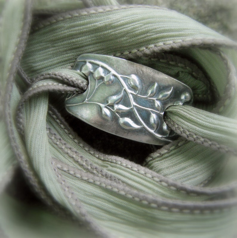 Budding Vine Yoga Jewelry, Silver & Silk Wrap Bracelet Artisan Crafted Recycled Fine Silver image 1