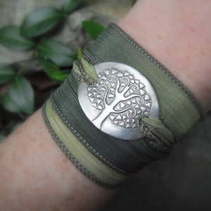 Silk Ribbon Wrap Bracelet Tree of Life Bracelet Silver & Silk Wrap Bracelet Artisan Handcrafted with Recycled Silver and Hand Dyed Silk image 1