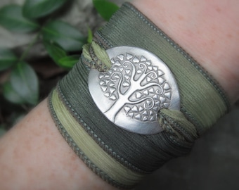 Silk Ribbon Wrap Bracelet- Tree of Life Bracelet- Silver & Silk Wrap Bracelet- Artisan Handcrafted with Recycled Silver and Hand Dyed Silk