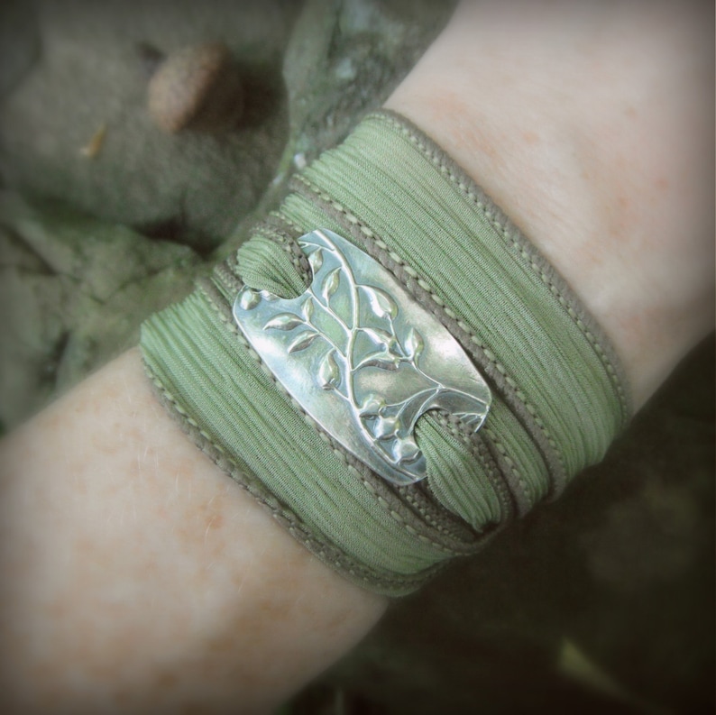 Budding Vine Yoga Jewelry, Silver & Silk Wrap Bracelet Artisan Crafted Recycled Fine Silver image 2