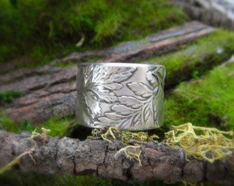 Silber Farn Ring, rustikaler Ehering, hergestellt mit echten Blättern, Handwerker handgefertigt mit wiedergewonnenem Feinsilber, Woodland