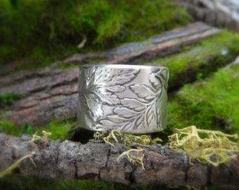 Silver Fern Ring, Rustic Wedding Band, Made With Real Leaves, Artisan Handcrafted with Reclaimed Fine Silver, Woodland