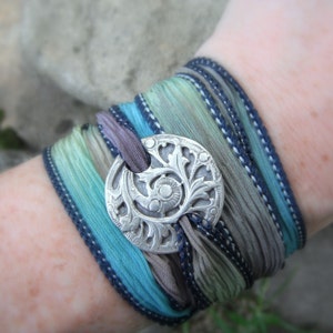 Antique Fern- Silk Ribbon Wrap Bracelet- Artisan Handcrafted- Recycled Fine Silver