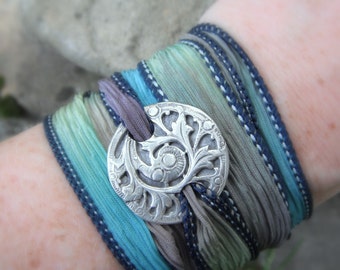 Antique Fern- Silk Ribbon Wrap Bracelet- Artisan Handcrafted- Recycled Fine Silver