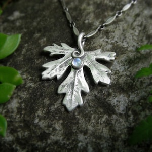 Botanical Leaf Necklace With Moonstone, Woodland Jewelry, Real Leaf, Artisan Handcrafted Recycled Silver, Elven Leaf, Forest, Fairy Jewelry