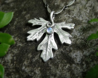 Botanical Leaf Necklace With Moonstone, Woodland Jewelry, Real Leaf, Artisan Handcrafted Recycled Silver, Elven Leaf, Forest, Fairy Jewelry
