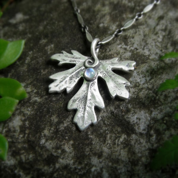 Botanical Leaf Necklace With Moonstone, Woodland Jewelry, Real Leaf, Artisan Handcrafted Recycled Silver, Elven Leaf, Forest, Fairy Jewelry