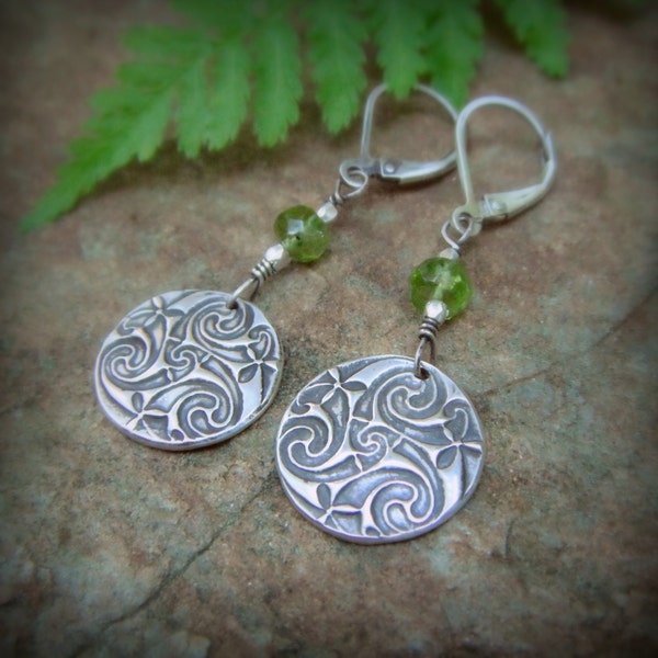 Celtic Spiral Earrings with Peridot - Artisan Handcrafted with Recycled Fine Silver