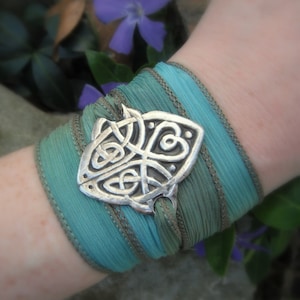 Celtic Silver Wrap Bracelet- Viking Silver Bracelet - Elven Jewelry - Artisan Handcrafted with Recycled Silver and Hand Dyed Silk
