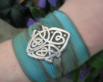 Celtic Silver Wrap Bracelet- Viking Silver Bracelet - Elven Jewelry - Artisan Handcrafted with Recycled Silver and Hand Dyed Silk