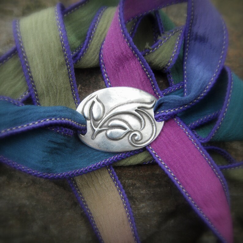 Ribbon Bracelet Boho Silk Wrap Bracelet Yoga Jewelry Elven Vine Artisan Handcrafted with Recycled Silver and Hand Dyed Silk image 2