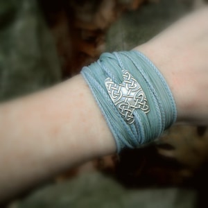 Celtic Knot Bracelet- Viking Silver Bracelet - Silk Wrap Bracelet- Artisan Handcrafted with Recycled Silver and Hand Dyed Silk