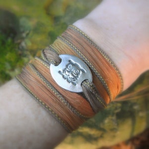 Owl Wrap Bracelet- Fall Silk Wrap Bracelet- Woodland Owl Jewelry- Autumn Silk Wrap Bracelet-  Artisan Handcrafted-Recycled Fine Silver