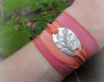 Silk Wrap Bracelet-Yoga Jewelry- Leaves- Leafy Branch- Artisan Handcrafted with Recycled Silver and Hand Dyed Silk