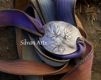 Woodland Botanical Bracelet, Wrap Bracelet, Leaf Jewelry, Real Leaf, Silk Ribbon, Silvan Leaf, Artisan Handcrafted, Recycled Silver