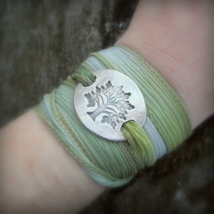 Tree of Life Bracelet- Oak Tree- Yoga Jewelry, Silver & Silk Wrap Bracelet- Artisan Crafted Recycled Fine Silver