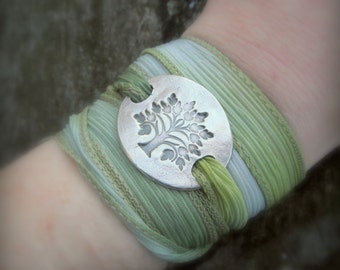 Tree of Life Bracelet - Recycled Fine Silver & Silk Wrap, Artisan Jewelry