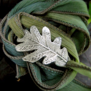 Woodland Oak Leaf Bracelet, Wrap Bracelet, Real Leaf Jewelry, Silk Ribbon Wrap, Silvan Leaf, Artisan Handcrafted Recycled Silver