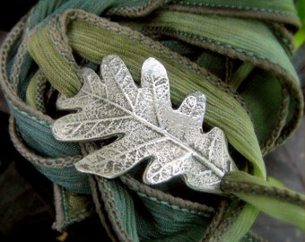 Woodland Oak Leaf Bracelet, Wrap Bracelet, Real Leaf Jewelry, Silk Ribbon Wrap, Silvan Leaf, Artisan Handcrafted Recycled Silver