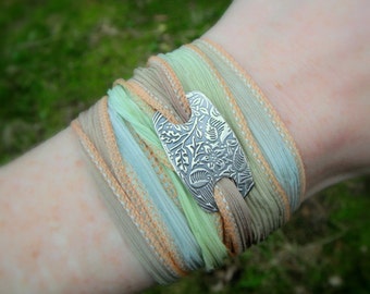 Ribbon Bracelet- Tapestry- Silver & Silk Wrap Bracelet- Artisan Handcrafted with Recycled Silver and Hand Dyed Silk