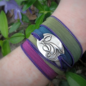 Ribbon Bracelet- Boho Silk Wrap Bracelet- Yoga Jewelry- Elven Vine - Artisan Handcrafted with Recycled Silver and Hand Dyed Silk