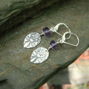 Medieval Fleur De Lis and Amethyst Earrings- Handcrafted with Recycled Fine Silver