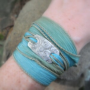 Silk Ribbon Bracelet- Silver & Silk Wrap Bracelet- Boho Wrap Bracelet- Spirals- Artisan Handcrafted with Recycled Silver and Hand Dyed Silk