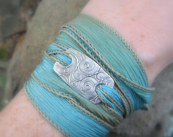 Silk Ribbon Bracelet- Silver & Silk Wrap Bracelet- Boho Wrap Bracelet- Spirals- Artisan Handcrafted with Recycled Silver and Hand Dyed Silk