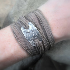 Yoga Jewelry - Ginkgo Bracelet - Silk Wrap Bracelet - Artisan Handcrafted- Recycled Fine Silver - Eco Friendly - Silver & Silk Wrap Bracelet