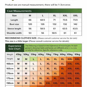 May include: Image of a size chart for a Ferrari F1 Vintage Racing Jacket. The chart includes coat measurements in inches and a size chart based on height and weight, with sizes ranging from M to XXL.