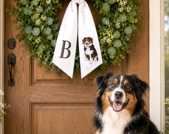 Custom Pet Portrait Wreath Sash, Personalized Monogram Dog Cat Wreath Sash, Front Door Decor, Housewarming Gift